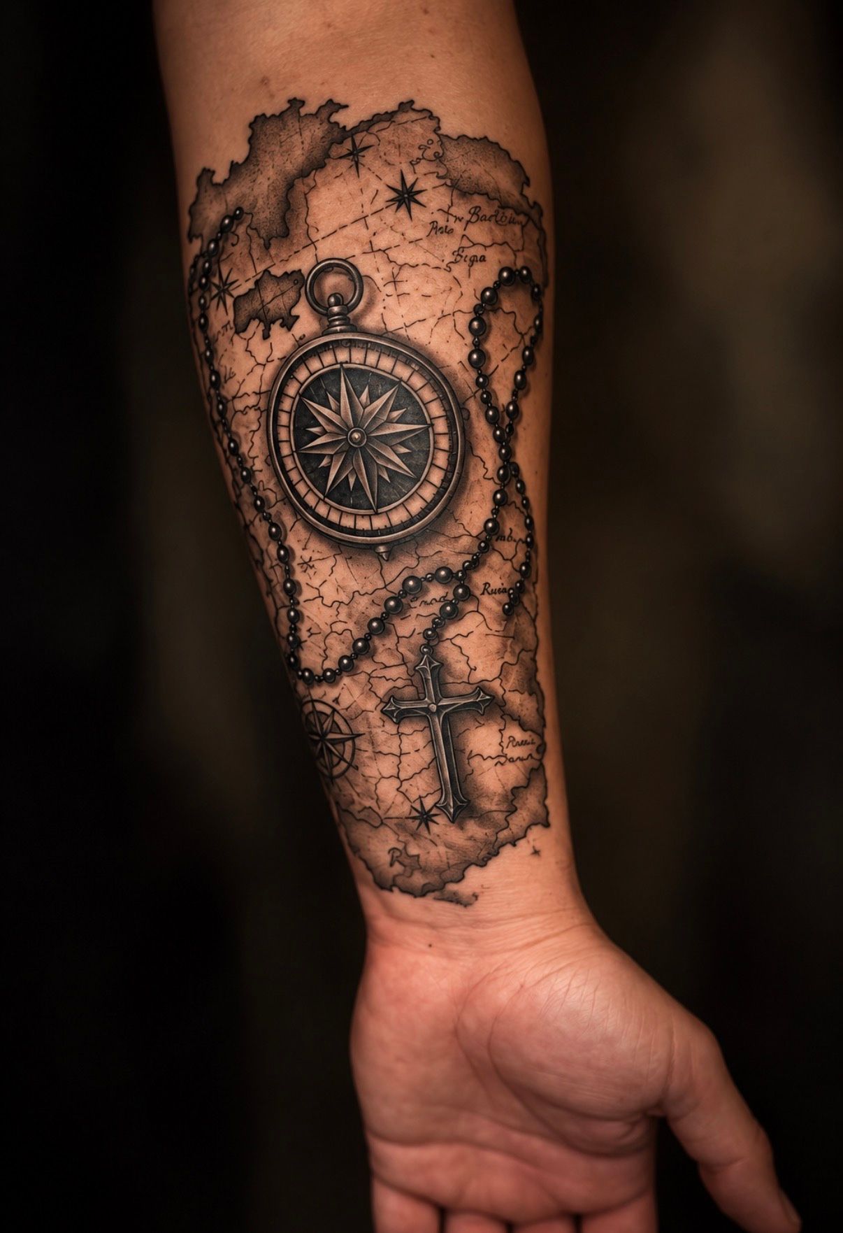 Black and grey compass, rosary and old map on the forearm