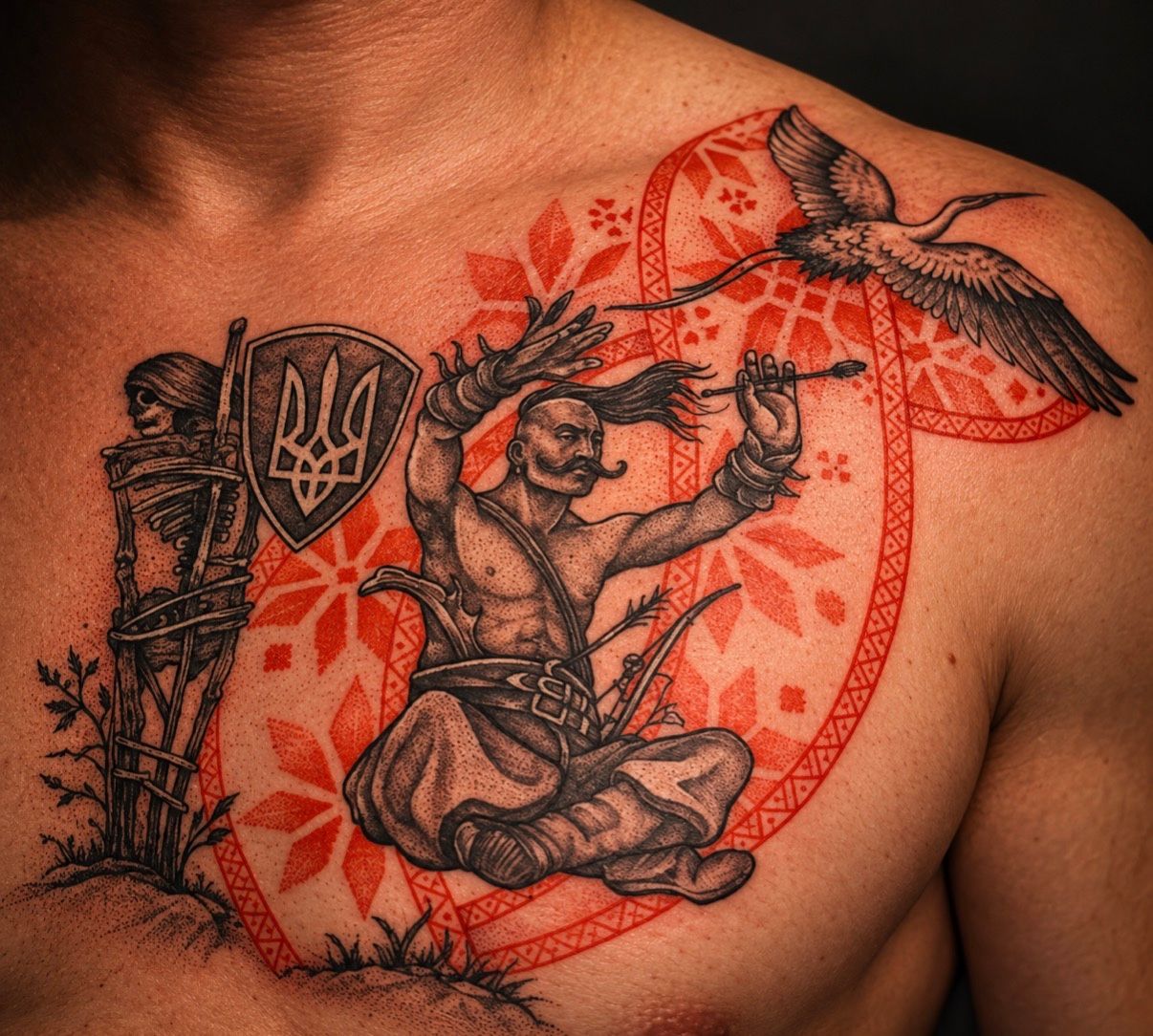 Black and grey Ukrainian Cossack with a crane and red ornament on the chest