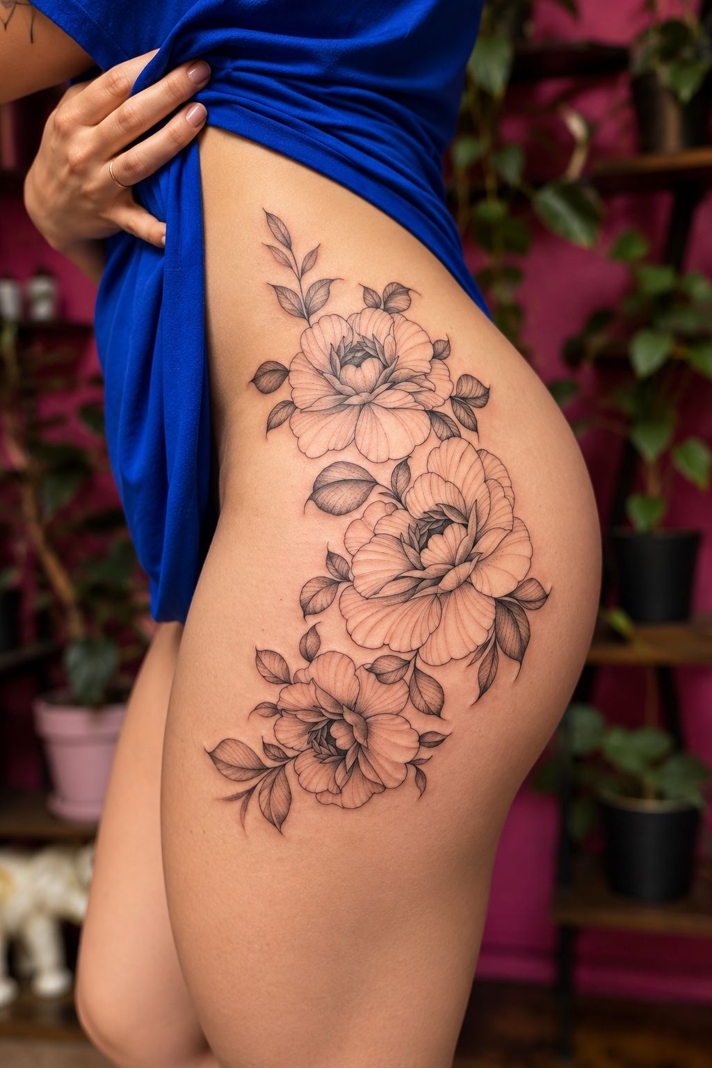 Fine line peonies flowing down the hip and thigh